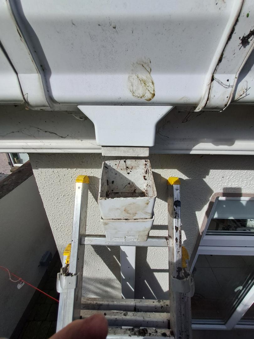 Before and after exterior cleaning Kildare: blocked downpipe outlet cleared, after