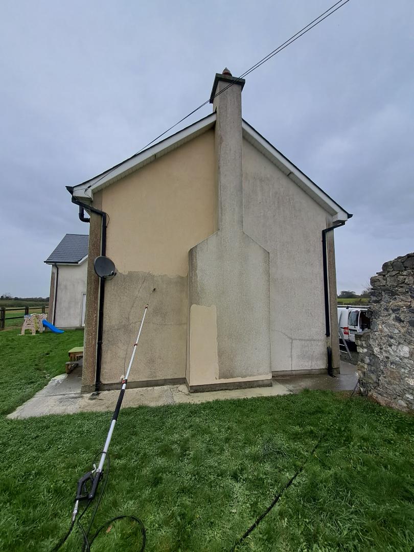 Before and after exterior cleaning Kildare: gable wall washed, during