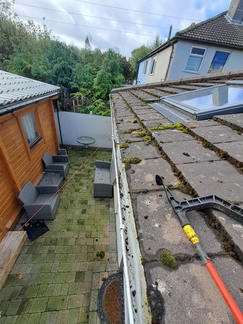 Before and after exterior cleaning Kildare: moss-filled gutter cleared, after