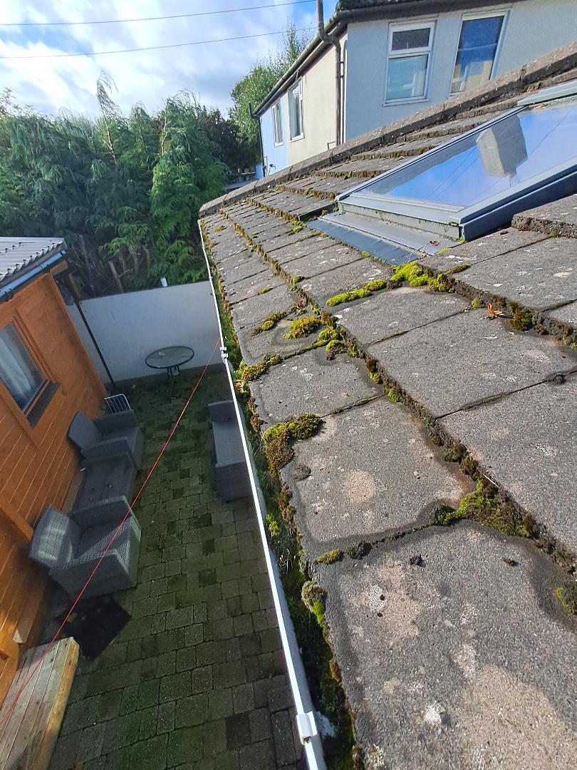 Before and after exterior cleaning Kildare: moss-filled gutter cleared, before